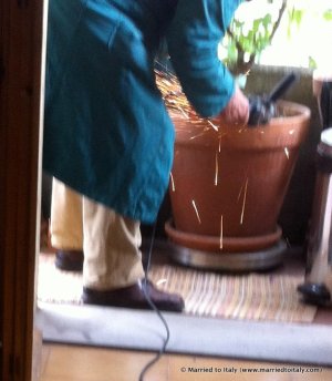 my sneaky shot of my herbs being covered with metal shavings... ew.